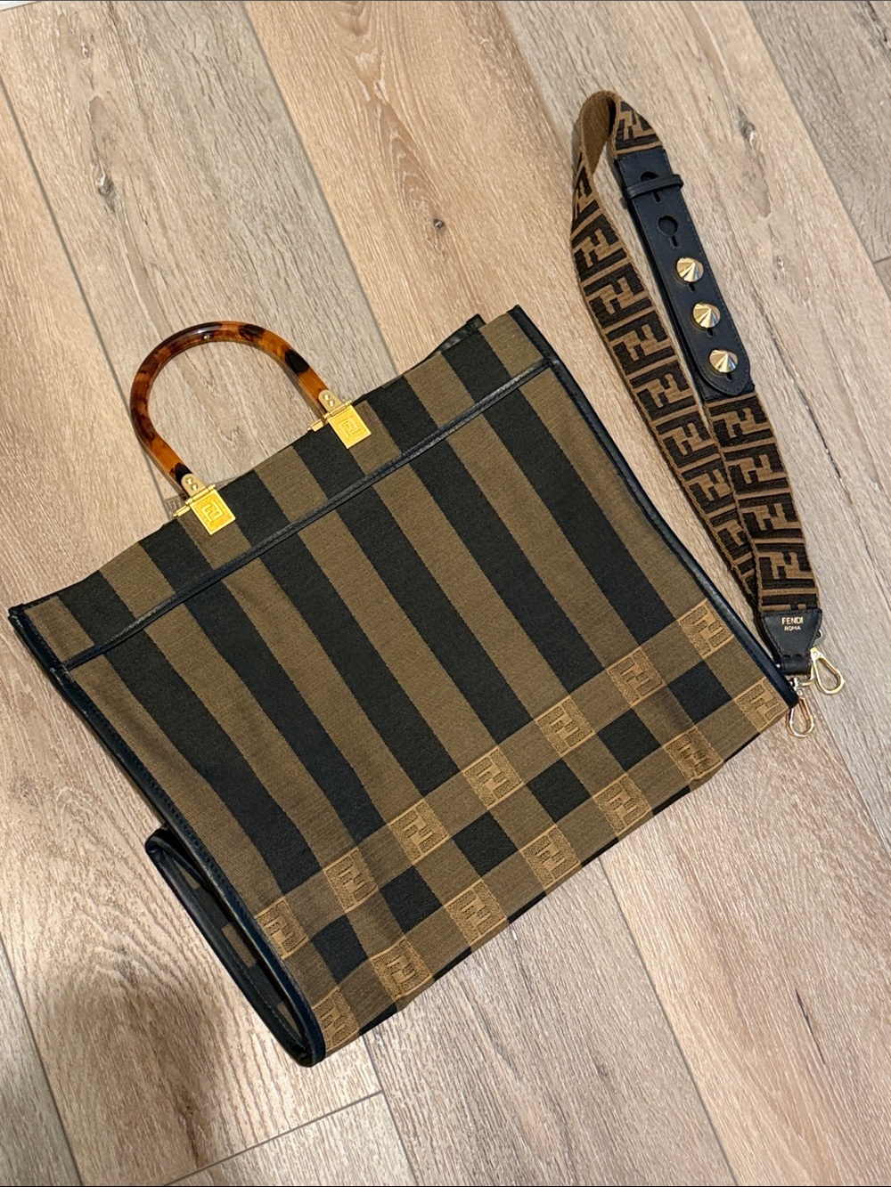 *Fendi STYLE* Brown and Black Striped Canvas Sunshine Tote with Logo Strap